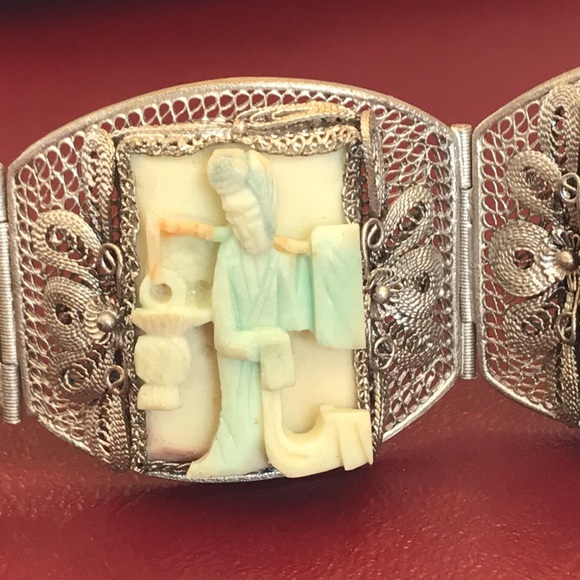 Vtg Chinese Filigree bracelet with Carved Bone - Picture 2 of 12